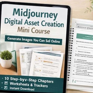 May include: A tablet displays a digital asset creation mini-course titled "Midjourney." The screen features the text "Generate Images You Can Sell Online." Additional elements include a cup of coffee, a small potted plant, and a spiral-bound notebook with printed pages.