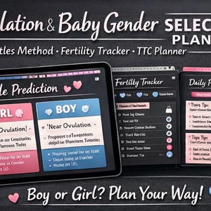 Puede incluir: Un planificador digital con el texto "Ovulation & Baby Gender Selection Planner". El planificador incluye secciones para la predicción del ciclo, el seguimiento de la fertilidad y un planificador diario. El diseño presenta acentos rosas y azules, corazones y la frase "Boy or Girl? Plan Your Way!"