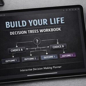 Puede incluir: Una tableta digital muestra un diagrama de árbol de decisiones con el texto "BUILD YOUR LIFE" y "DECISION TREES WORKBOOK." El diagrama incluye cuadros de "CHOICE A," "CHOICE B" y "OUTCOME." Un lápiz óptico negro y una taza de café están junto a la tableta.