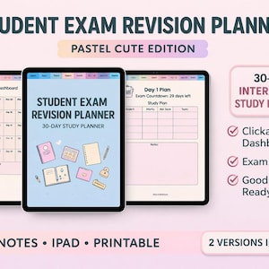 May include: A digital student exam revision planner in a pastel cute edition. The planner includes a monthly revision dashboard, a 30-day study planner, and a day 1 plan. Features include a clickable dashboard, exam countdown, and GoodNotes ready.