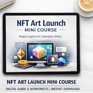 May include: A tablet displays an "NFT Art Launch Mini Course" advertisement. The screen shows digital art examples, including a cube, a coin, and an Ethereum symbol. The text "Publish Digital Art Collections Online" is also visible.
