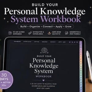 May include: A digital workbook titled "Build Your Personal Knowledge System Workbook" displayed on a tablet. The cover features text and icons, including "Build, Organize, Connect, Apply, Grow." A stylus and a candle are visible. The workbook promises a 30-day guide.