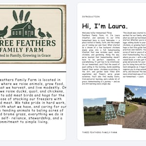 Può includere: Una guida intitolata "Three Feathers Family Farm Homesteading Guide" con il logo dell'azienda agricola. Il logo presenta una casa, una gallina e due anatre. La guida include testo e immagini sui polli e sulla vita in fattoria.