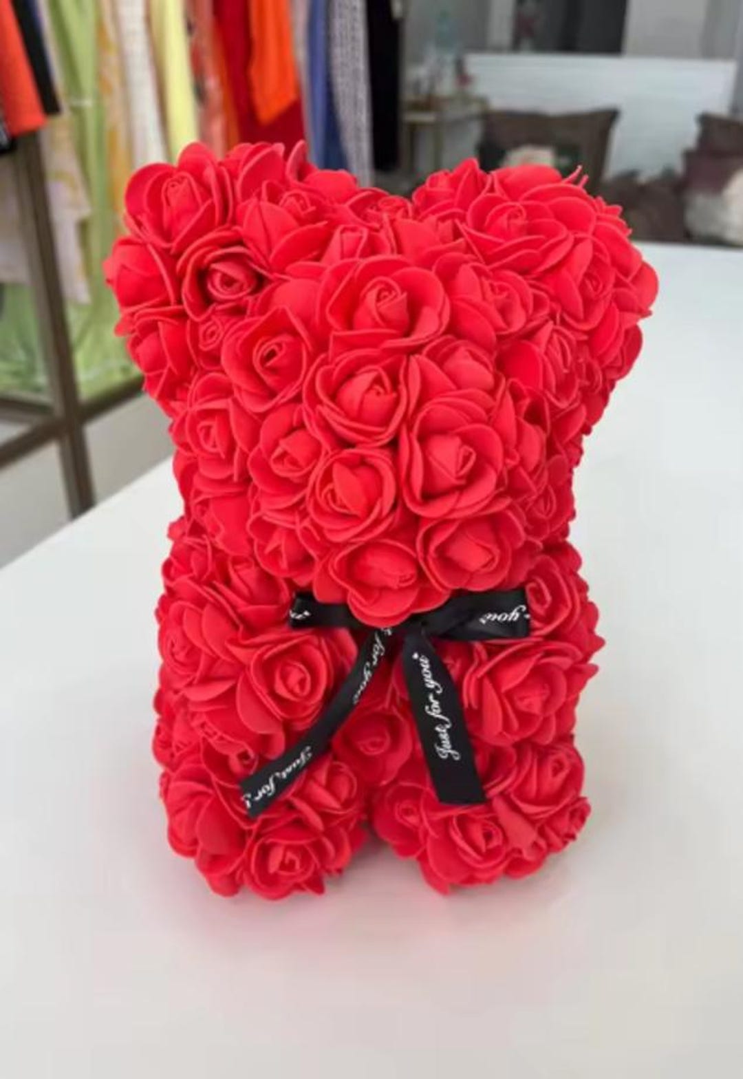 Red Rose Teddy Bear – Romantic Faux Flower Bear With Black Ribbon ...