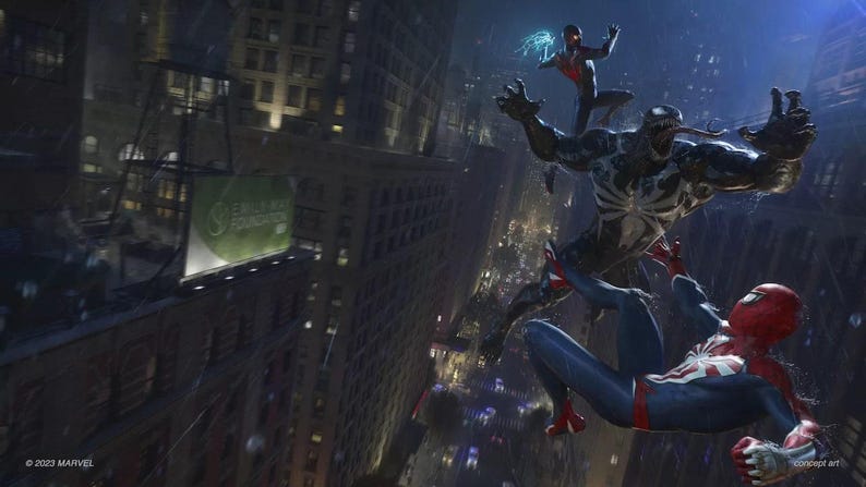 May include: A digital illustration of Spider-Man, Miles Morales, and Venom in a city setting. Spider-Man is in a red and blue suit, Miles Morales in a black and red suit, and Venom is a large black figure with a white spider emblem.
