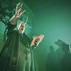 May include: A digitally painted scene depicts a bald figure in a dark robe, raising a hand in a gesture of authority. The figure holds a book and is surrounded by a crowd of shadowy figures in a green-toned environment. A cross is visible on the robe.