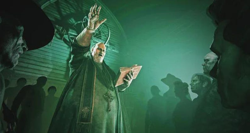 May include: A digitally painted scene depicts a bald figure in a dark robe, raising a hand in a gesture of authority. The figure holds a book and is surrounded by a crowd of shadowy figures in a green-toned environment. A cross is visible on the robe.