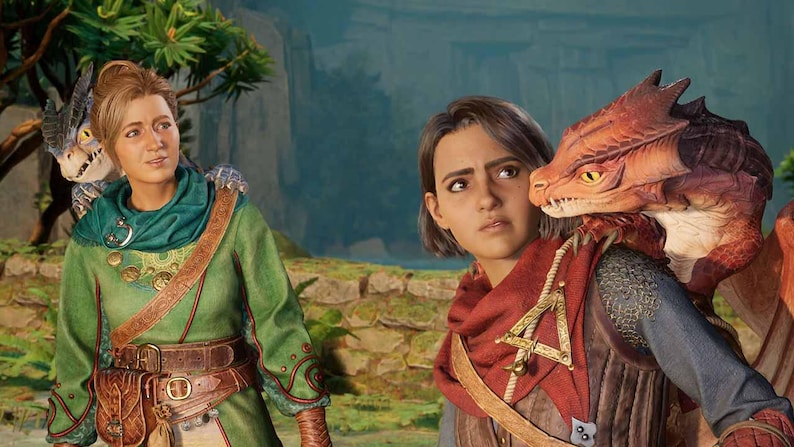 May include: Two people in fantasy attire, each with a small dragon on their shoulder. One person wears green and brown, the other red and blue. The dragons are orange and gray, with detailed scales and expressions. The background shows a blurred landscape.
