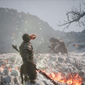 May include: A digital art scene depicts a warrior with a glowing head and weapon, facing a creature in a snowy, fiery landscape. The scene is set in a mountainous area with a barren tree.