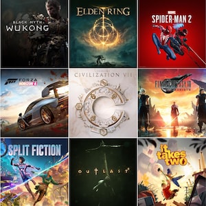 May include: A grid of nine video game covers. Titles include "Black Myth: Wukong," "Elden Ring," "Marvel Spider-Man 2," "Forza Horizon 4," "Civilization VII," "Final Fantasy VII Rebirth," "Split Fiction," "Outlast," and "It Takes Two."