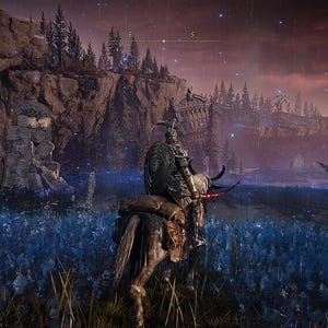 May include: A figure on horseback, clad in armor, rides through a field of blue flowers under a stormy sky. The landscape features rugged cliffs, ruins, and a dark, ominous atmosphere, suggesting a fantasy or adventure theme.