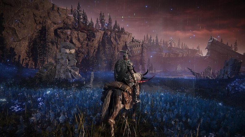 May include: A figure on horseback, clad in armor, rides through a field of blue flowers under a stormy sky. The landscape features rugged cliffs, ruins, and a dark, ominous atmosphere, suggesting a fantasy or adventure theme.