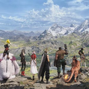May include: A scenic digital illustration of a group of characters standing on a rocky cliff overlooking a mountain range. The characters are diverse in appearance, with various outfits and weapons. The sky is blue with scattered clouds.
