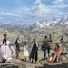 May include: A scenic digital illustration of a group of characters standing on a rocky cliff overlooking a mountain range. The characters are diverse in appearance, with various outfits and weapons. The sky is blue with scattered clouds.