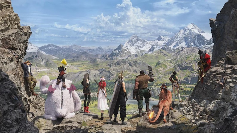 May include: A scenic digital illustration of a group of characters standing on a rocky cliff overlooking a mountain range. The characters are diverse in appearance, with various outfits and weapons. The sky is blue with scattered clouds.