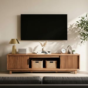 May include: A modern living room setup featuring a wooden TV stand with ribbed doors, housing two woven baskets. A large black TV is mounted above. A gold lamp, speaker, and decorative items sit on the stand. A potted plant is to the right.