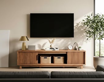 TV Stand – Fluted Mid Century Modern TV Console with Storage, Walnut Wood Entertainment Center, Media Cabinet for Living Room & Bedroom