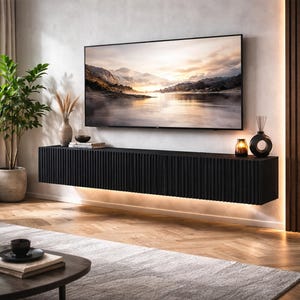 Floating Wall Mounted TV Stand, Modern Media Console with Fluted Doors