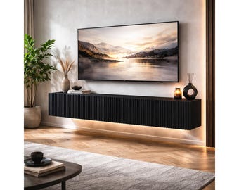 Floating Wall Mounted TV Stand, Modern Media Console with Fluted Doors