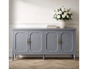 58" Mid-Century Modern Buffet Cabinet, Antique Bronze Handles, Solid Wood Legs Storage