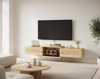 TV Stand Wall Mounted, Floating TV Stand with Rattan Doors, Media Console, Modern Wood TV Console  Small Space Entertainment Unit
