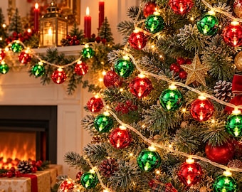 Può includere: Una catena di luci natalizie con ornamenti sferici rossi e verdi alternati dotati di intagli a forma di stella. Ogni ornamento contiene una piccola lampadina che si illumina, creando un'illuminazione festosa tra i rami dell'albero.