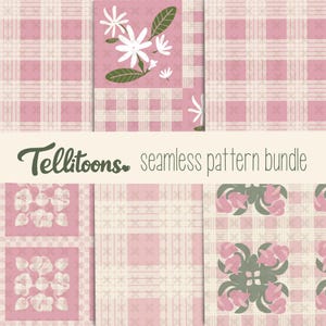 May include: A seamless pattern bundle featuring various designs in pink, white, and green. The patterns include floral and plaid motifs. The text "Tellitoons seamless pattern bundle" is displayed in a dark green script font.