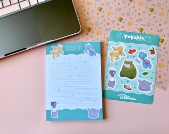 Op Pokopia geïnspireerde bundel met gepersonaliseerd notitieblok en stickervel, leuk gamercadeau, kawaii-briefpapierset, videogameliefhebberset