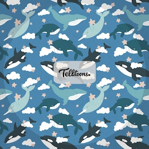 May include: A repeating pattern of whales, narwhals, orcas, clouds, and stars on a blue background. The whales are in shades of blue and gray, with white bellies. The text "Telltoons" is in a white rectangle.