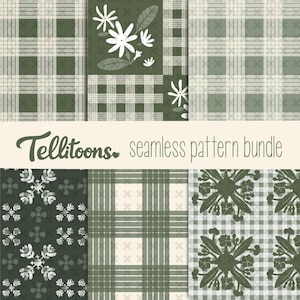 May include: A seamless pattern bundle featuring various designs in shades of green and cream. The patterns include plaid, floral, and geometric elements. The text "Tellitoons seamless pattern bundle" is displayed in a cursive font.