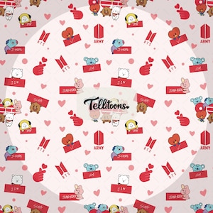 May include: A pattern featuring cartoon characters, hearts, and text elements. The design includes red rectangles with the text "BTS" and "ARMY", along with various character illustrations and the text "J-HOPE", "JIN", "SUGA", and "JUNG KOOK".