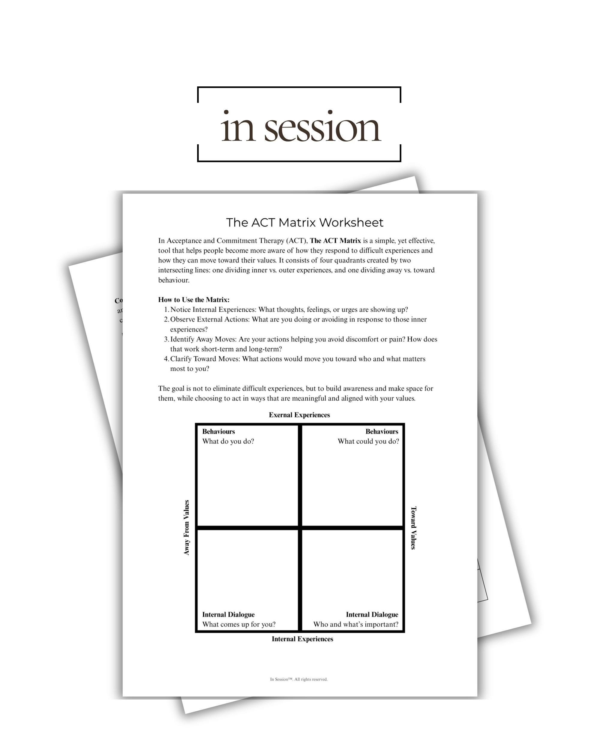 ACT Matrix Worksheet Acceptance Commitment Therapy Printable Values ...