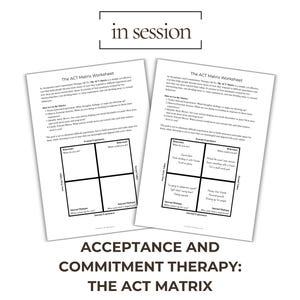 May include: Two white worksheets titled "The ACT Matrix Worksheet" with text about Acceptance and Commitment Therapy. The worksheets have a grid with sections for behaviors, internal experiences, and values. The phrase "in session" is at the top. The bottom reads "ACCEPTANCE AND COMMITMENT THERAPY: THE ACT MATRIX PRINTABLE PDF."
