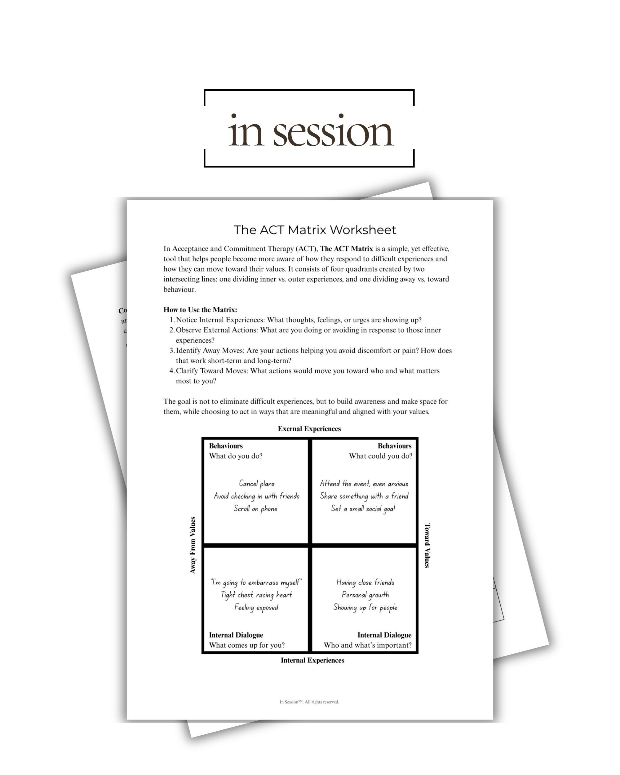 ACT Matrix Worksheet Acceptance Commitment Therapy Printable Values ...