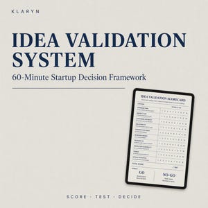 Puede incluir: Una tableta digital muestra una "Idea Validation Scorecard" con criterios para evaluar ideas de startups. El texto "Idea Validation System" y "60-Minute Startup Decision Framework" están en la parte superior. La parte inferior dice "Score. Test. Decide."