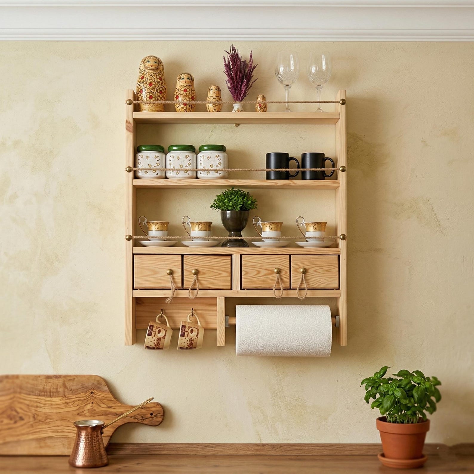 Handmade Scandinavian Wooden Kitchen Shelf, Wall Mounted Spice Rack, Rustic Home Decor