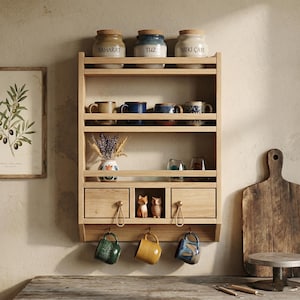 Peut inclure: Étagère de cuisine en bois avec plusieurs niveaux, contenant des bocaux, des tasses et des objets décoratifs. L'étagère a deux petits tiroirs et des crochets pour suspendre les tasses. Les bocaux sont étiquetés en turc. Une impression botanique encadrée est à gauche.