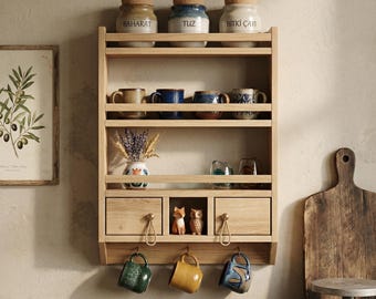 Rustieke Houten Keuken Organizer Handgemaakt Kruidenrek met Mokkenhaken