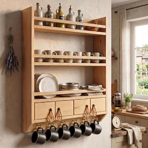 Peut inclure: Unité d'étagères de cuisine en bois avec plusieurs étagères, tiroirs et crochets. Les étagères présentent des tasses, des assiettes, des bols et des bouteilles. Des tasses grises foncées sont suspendues aux crochets. L'unité est fixée au mur.