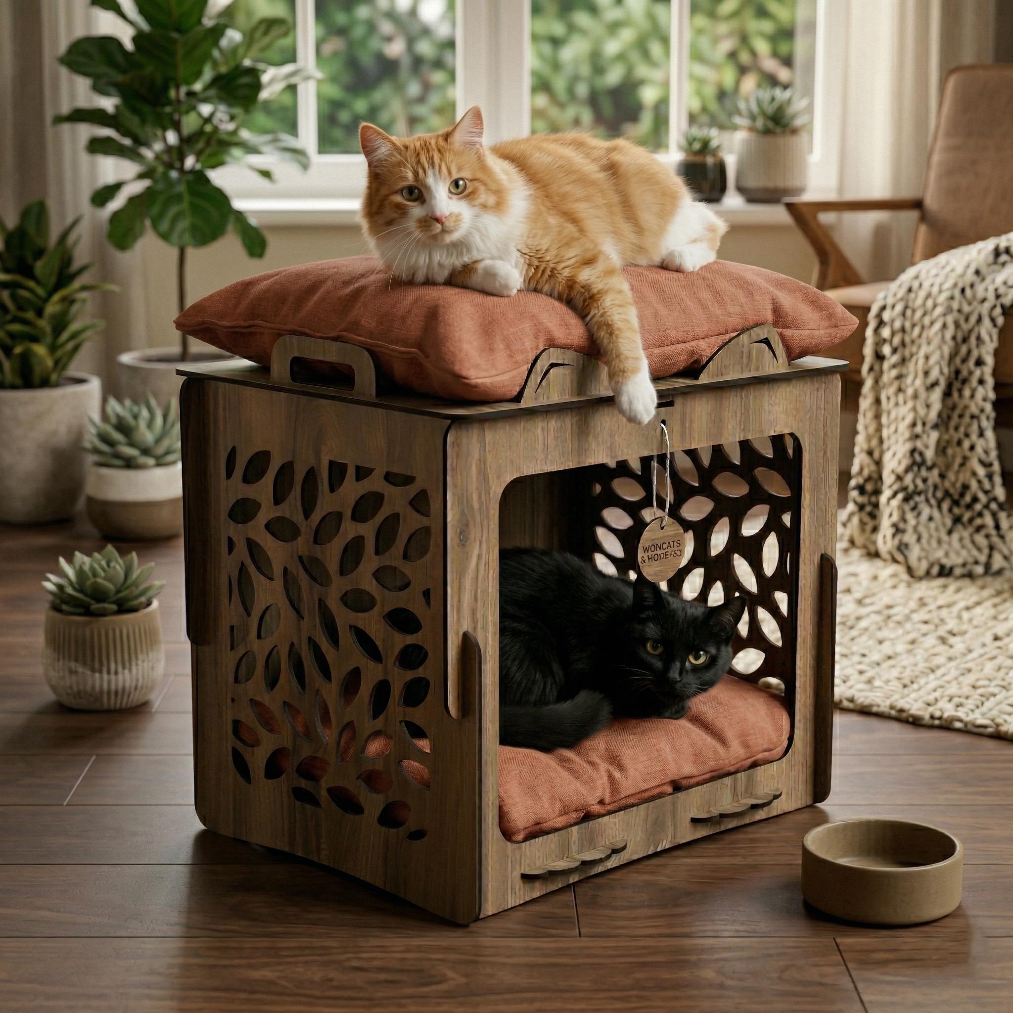 Personalized Two-Story Wooden Cat House, Modern Pet Furniture, Leaf Cutout Condo