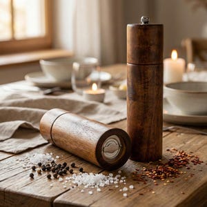 Puede incluir: Dos molinillos de pimienta de madera, uno de pie y otro tumbado, sobre una mesa de madera. Los molinillos son de color marrón oscuro con vetas de madera visibles. Sal, granos de pimienta y copos de pimiento rojo esparcidos.