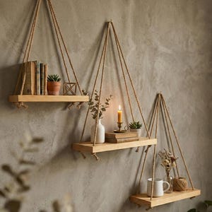 Puede incluir: Tres estantes de madera colgantes suspendidos por cuerdas contra una pared gris texturizada. Cada estante exhibe objetos decorativos como libros, plantas, velas y una taza. Los estantes son de madera clara.