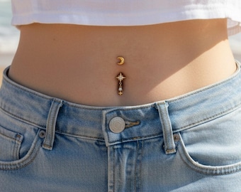 Piercing para el ombligo con luna y estrella, estilo colgante, diseño celestial con doble extremo, elegante y brillante.