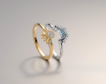 Anillos de pareja de plata de ley con diseño de sol y luna, anillo romántico de promesa con circonitas.