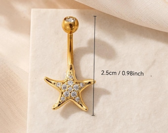 Piercing para el ombligo con forma de estrella, fabricado en acero inoxidable quirúrgico, 2,5 cm, resistente al agua, color dorado, duradero, elegante y perfecto para el uso diario.