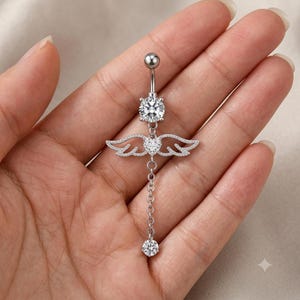 14G Angel Wings Dangle Belly Ring Navel Piercing Jewelry Drop Bar Titanium Hypoallergenic ,Belly Button Ring for Women ,Gift for sister
