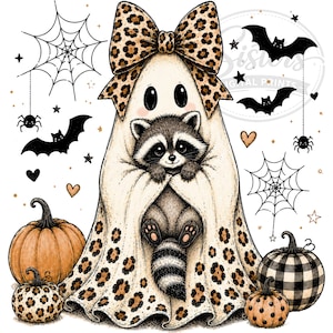 Procione fantasma carino PNG / Procione di Halloween PNG / Fantasma civettuolo per sublimazione / Fantasma leopardo con fiocco / Design di maglietta spettrale e carino