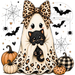 Gatto fantasma carino PNG / Gatto nero di Halloween PNG / Fantasma civettuolo per sublimazione / Fantasma leopardo con fiocco / Design di maglietta spettrale e carino