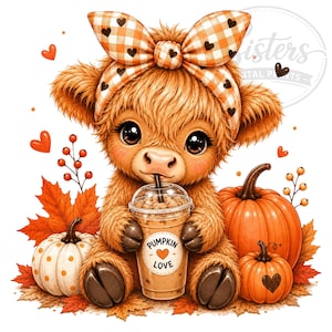 May include: A fluffy brown Highland cow illustration wearing an orange and white checkered bow with heart patterns. The cow holds a plastic cup with a straw labelled Pumpkin Love, surrounded by orange pumpkins, white polka dot pumpkins, and leaves.