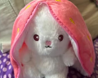 Strawberry Bunny Plush Toy – Kawaii Stuffed Rabbit with Hood – Soft Animal Cuddle Toy